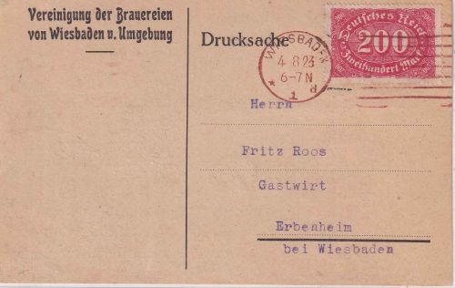 DR-Infla - 200 M. Queroval Drucksachenkarte Mannheim (ROT !!) 4.8.23