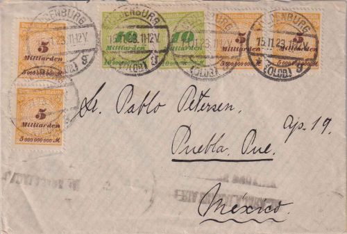 DR-Infla - 2x10+4x5 Mrd. Korbdeckel Brief n. MEXIKO Oldenburg - Puebla 15.11.23