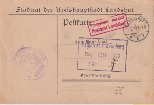 DR-Infla - Freigebühr bezahlt/Postamt Landshut roter Ra2 Karte 12.2.23