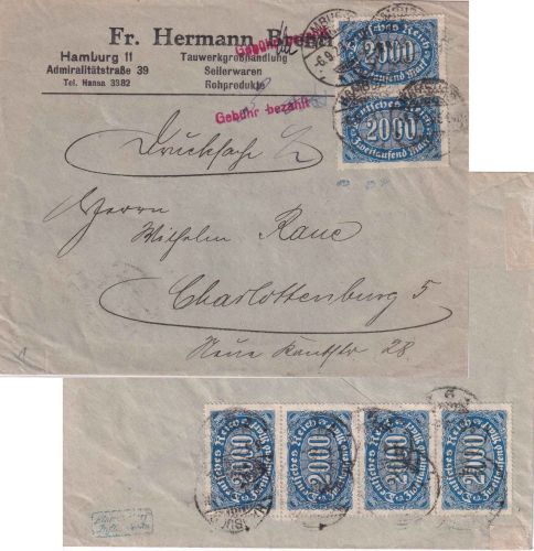 DR-Infla - 6x2.000 M. Queroval/Gebühr bezahlt Drucksachenbrief Hamburg 6.9.23