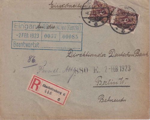 DR-Infla - 2x30 M. Posthorn Einschreibebrief Charlottenburg 6 - Berlin 1.2.23