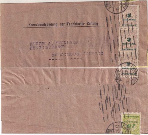 DR-Infla - 3x2+10 Mrd. Korbdeckel (Perfin) Streifband i.d. SCHWEIZ 21.11.23