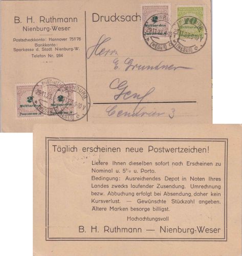 DR-Infla - 3x2+10 Mrd. Korbdeckel (Perfin) Drucksachenkarte i.d. SCHWEIZ