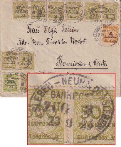 DR-Infla - 10x500 Tsd. u.a. Korbdeckel Brief Bahnpost Eisleben/Neuhaldensleben