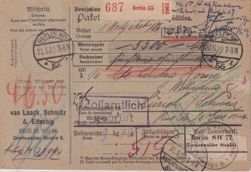 DR-Infla - Berlin NO 55 22.5.20 Wertpaketkarte i.d. SCHWEIZ Geb.bez.+Zensur