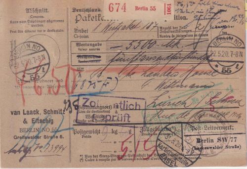 DR-Infla - Berlin NO 55 22.5.20 Wertpaketkarte i.d. SCHWEIZ Geb.bez.+Zensur