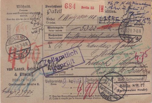 DR-Infla - Berlin NO 55 22.5.20 Wertpaketkarte i.d. SCHWEIZ Geb.bez.+Zensur