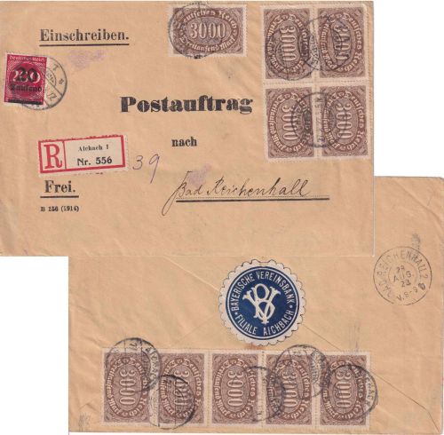 DR-Infla - 10x3.000 M. Queroval u.a. R-Postauftrag Aichach 27.8.23 - selten !!