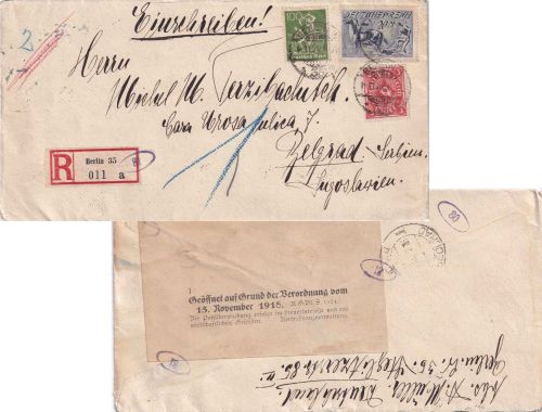 DR-Infla - 20 M. Pflüger u.a. Einschreibebrief n. SERBIEN Berlin W35 1.11.22