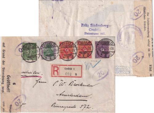 DR-Infla - 2x3 M. Posthorn u.a. Einschreibebrief n. HOLLAND Crefeld 20.2.22