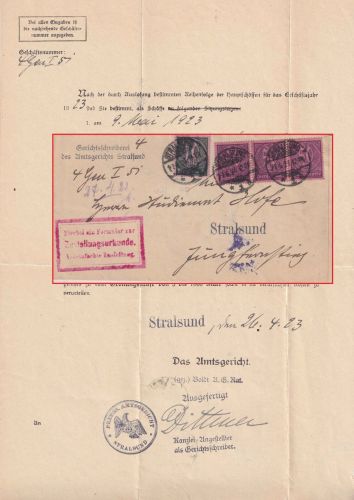 DR-Infla - 3x50+10 M. Ziffer Dienst-Ortszustellurkunde Stralsund 27.4.23