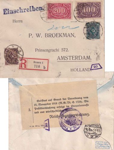 DR-Infla - 200 M. Queroval u.a. Einschreibebrief n. HOLLAND Bremen 6.3.23