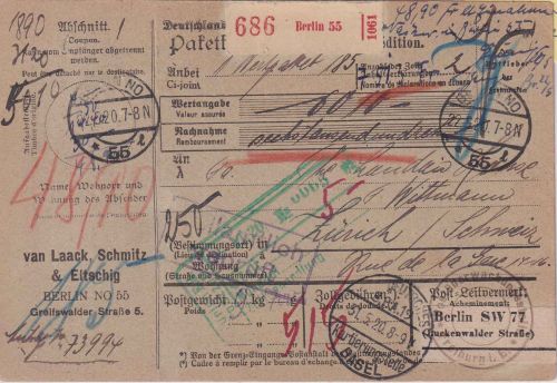 DR-Infla - Berlin NO 55 22.5.20 Wertpaketkarte i.d. SCHWEIZ Geb.bez.+Zensur