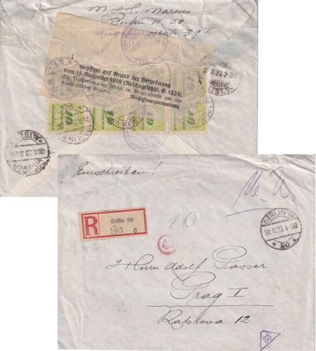 DR-Infla - 8x10 Mrd. Korbdeckel Einschreibebrief n. TSCHECHIEN Berlin 20.11.23