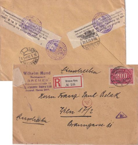 DR-Infla - 200 M. Queroval Einschreibebrief n. ÖSTERREICH Bremen-Horn 25.5.23