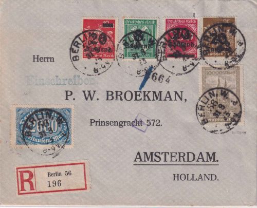 DR-Infla - 10.000 M. Kölner Dom u.a. Einschreibebrief n. HOLLAND Berlin 31.8.23