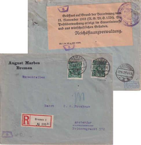 DR-Infla - 2x4 M. Posthorn Einschreibebrief n. HOLLAND Bremen - Amsterdam 1.8.22