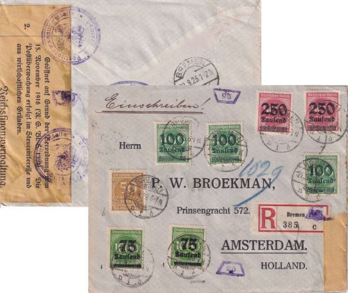DR-Infla - 2x250 Tsd/500 M. Ziffer Einschreibebrief n. HOLLAND Bremen 21.9.23
