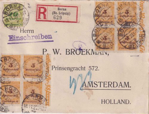 DR-Infla - 8x5 Mrd. Korbdeckel u.a. Einschreibebrief n. HOLLAND Borna 18.11.23