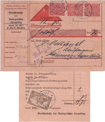 DR-Infla - 3x1 M. Ziffer Dienst-Nachnahmekarte Straubing 1922 Fristverlängerung!