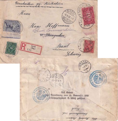 DR-Infla - 20 M. Pflüger ua. Einschreibebrief/Rückschein i.d. SCHWEIZ Lorch 1922