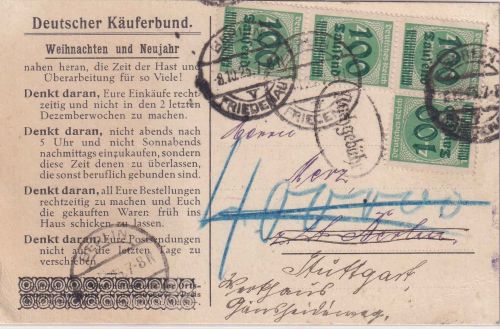 DR-Infla - 4x100 Tsd/400 M. Ziffer Ortsdrucksachenkarte Berlin 8.10.23 Nachporto
