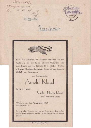 All.Bes. - Wahn (Rheinland) 6.12.45 Gebühr bezahlt Ortskarte/Todesanzeige !!