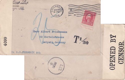 USA - 2 C. Washington Brief Chicago - Leipzig 1916 - Zensur u. Nachporto