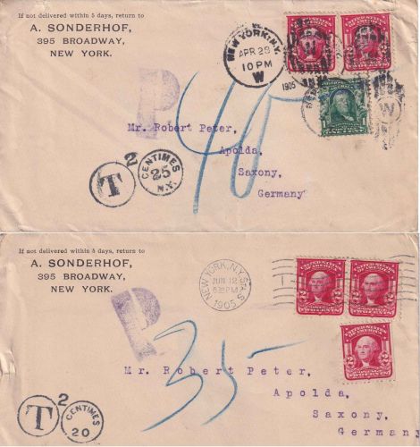 USA - New York 1905 zwei unterfrankierte Briefe n. Apolda - versch. Nachport1