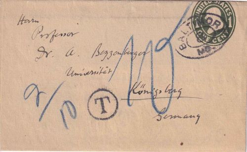 USA - 1 C. unterfrankiertes Ganzsachenstreifband Baltimore - Königsberg 1914