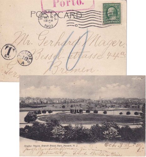 USA - 1 C. Franklin unterfrankierte Ansichtskarte Newark - Bremen 1909