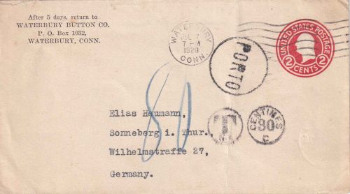 USA - 2 C. unterfrankierter Ganzsachenumschlag Waterbury - Sonneberg 1920