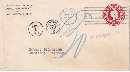 USA - 2 C. unterfrankierter Ganzsachenumschlag Flushing - Annaberg 1930