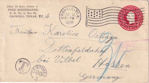 USA - 2 C. unterfrankierter Ganzsachenumschlag Crowell - Vilbel 1928