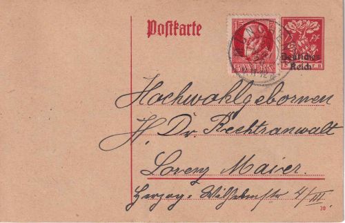 DR/Bayern - 15 Pfg. By-Abschied/DR Ganzsachenkarte + Zusatz München 8 23.5.20