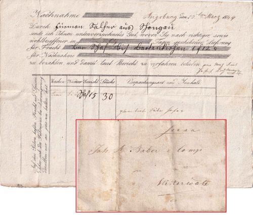 Bayern - Augsburg 1849 Frachtbrief n. Mittenwald
