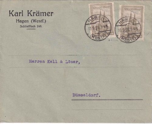 DR-Infla - 2x10.000 M. Kölner Dom Drucksachenbrief Hagen - Düsseldorf 10.9.23