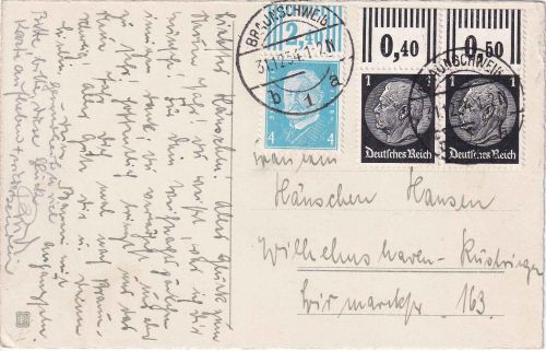 DR - 2x1+4 Pfg. Hindenburg (Walze/Oberrand) Karte Braunschweig 31.12.34