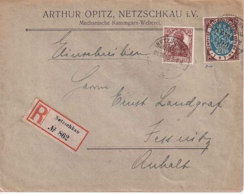 DR - 35 Pfg. Germania b-Farbe u.a. Einschreibebrief Netzschkau - Jessnitz 1919