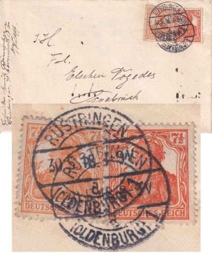 DR - 7 1/2 Pfg. Germania (2 versch. Farbtöne) Brief Rüstringen Osnabrück 30.5.18