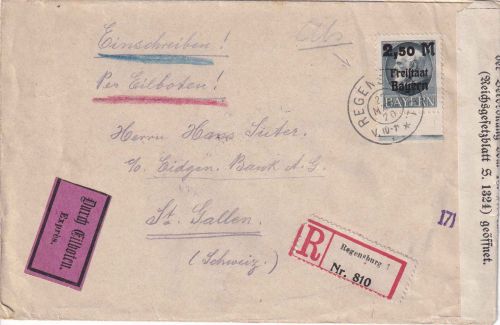 Bayern - 2,50 M. Ludwig/Freistaat Eil-Einschreibebrief i.d. SCHWEIZ 27.3.20
