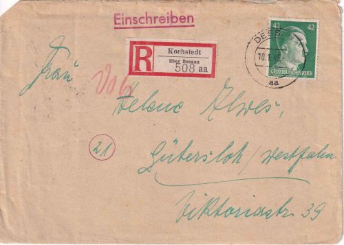 DR - 42 Pfg. AH Einschreibebrief Kochstedt ü. Dessau - Gütersloh 10.1.45