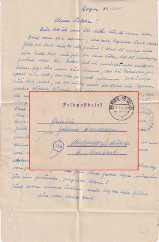 DR - Bergen (Kr. Celle) 25.1.45 Feldpostbrief (Heeres-Lehrschmiede) n Merkendorf