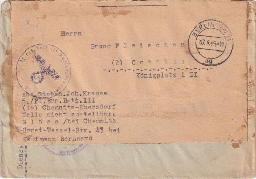 DR - Berlin SW11 7.4.45 Feldpostbrief (Chemnitz-Ebersdorf) n. Cottbus