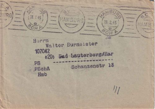DR - SCHA Hamburg 28.2.45 Postscheckbrief n. Bad Lauterberg - selten !