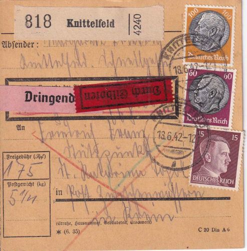 DR - 100 Pfg. Hindenburg u.a. Dringend-Eilpaketkarte/Landbestellung Knittelfeld