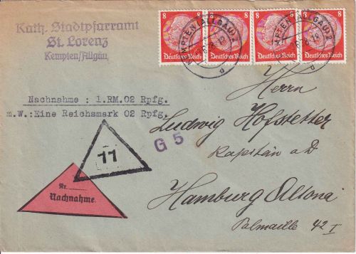 DR - 4x8 Pfg. Hindenburg Nachnahmebrief Kempten - Hamburg 1938