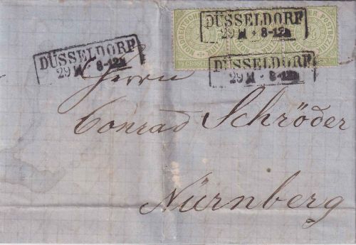 NDP/Bayern - 1/3 Gr. gez. Dreierstreifen Brief Ra2 Düsseldorf 29/11 (1869)