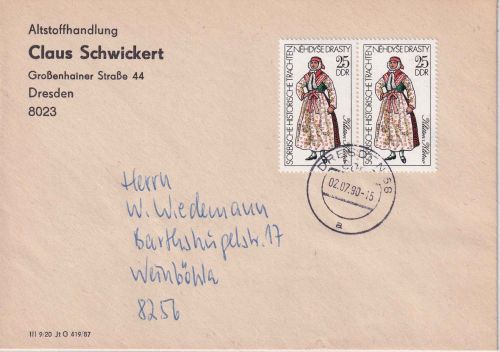 DDR/VGO - 2x25 Pfg. Sorbische Trachten Brief Dresden - Weinböhla 2.7.90