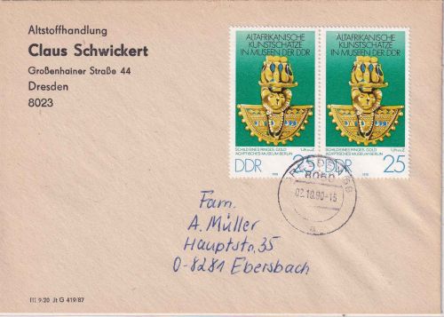 DDR/VGO - 2x25 Pfg. Afrik. Kubst Brief Dresden - Ebersbach 2.10.90